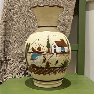 Vintage Tonalá Mexican Pottery Vase – Hand Painted Folk Art Scene